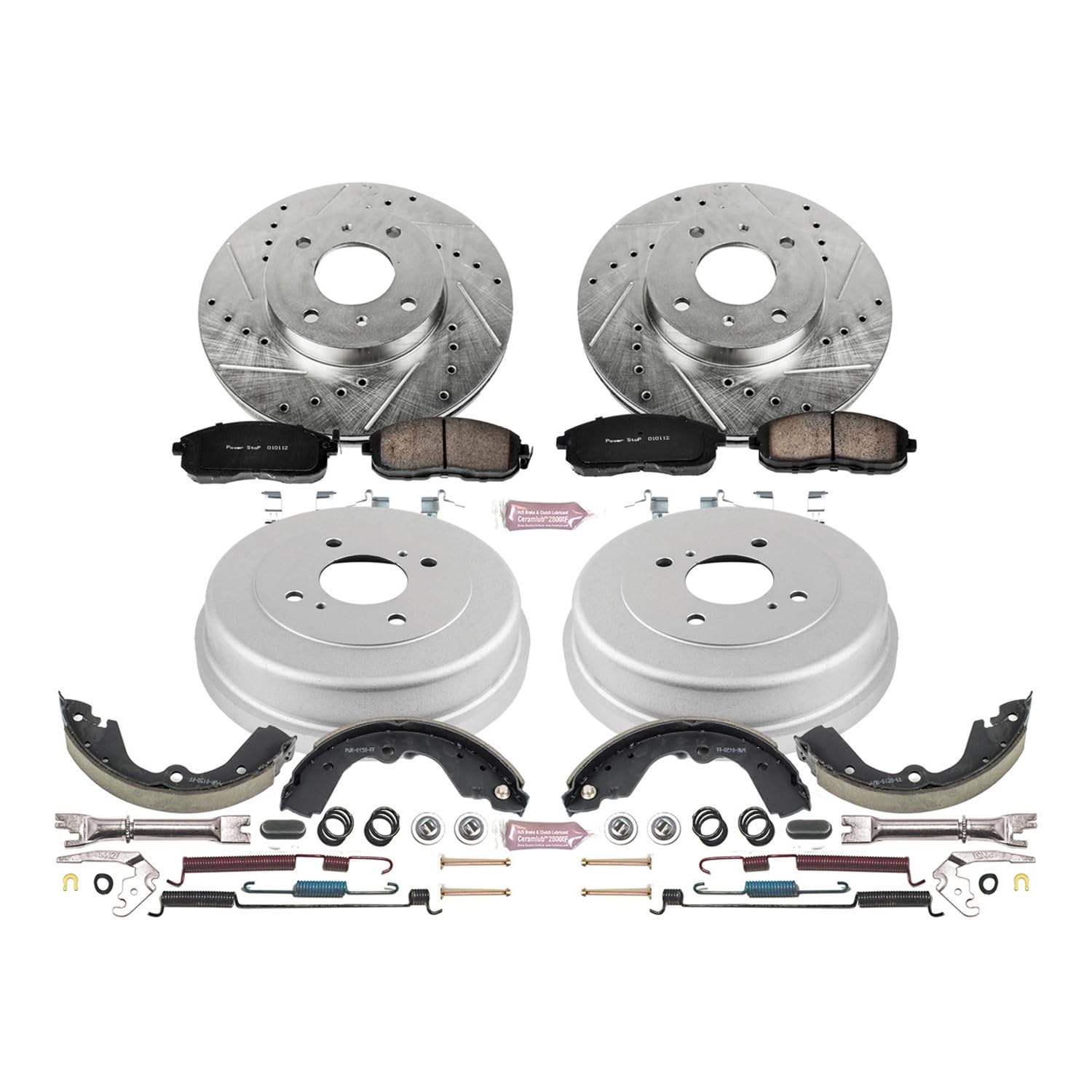 Power Stop K15135DK Z23 Carbon Fiber Brake Pads Front and Rear with Drilled & Slotted Brake Drums Kit For Nissan Altima 1993-1999 [Model Specific]