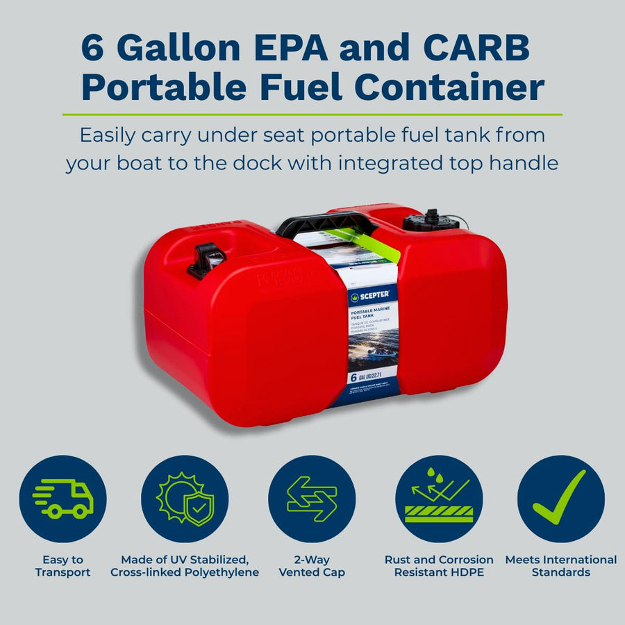 6 Gallon Scepter Portable Marine Gas Can, Boat Fuel Tank with 2-Way Vented Cap, Built-In Fuel Gauge and Pick-Up, Top Handle, EPA & CARB Compliant, Underseat Design, 19.3"L x 12.2"W x 10.2"H (10511)