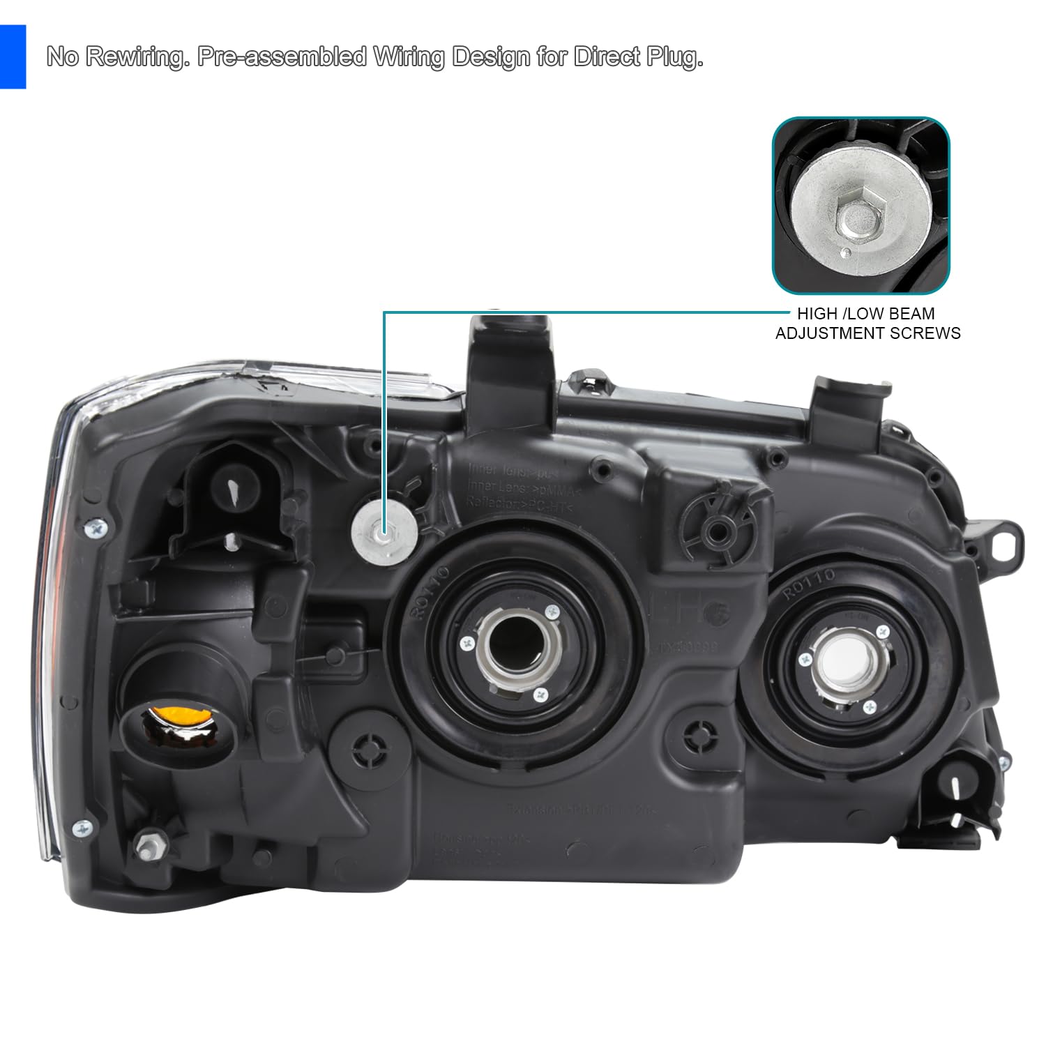 Chrome Headlights SPEC-D TUNING Compatible with 2004-2007 Toyota Highlander, Left + Right Pair Headlamp Assembly