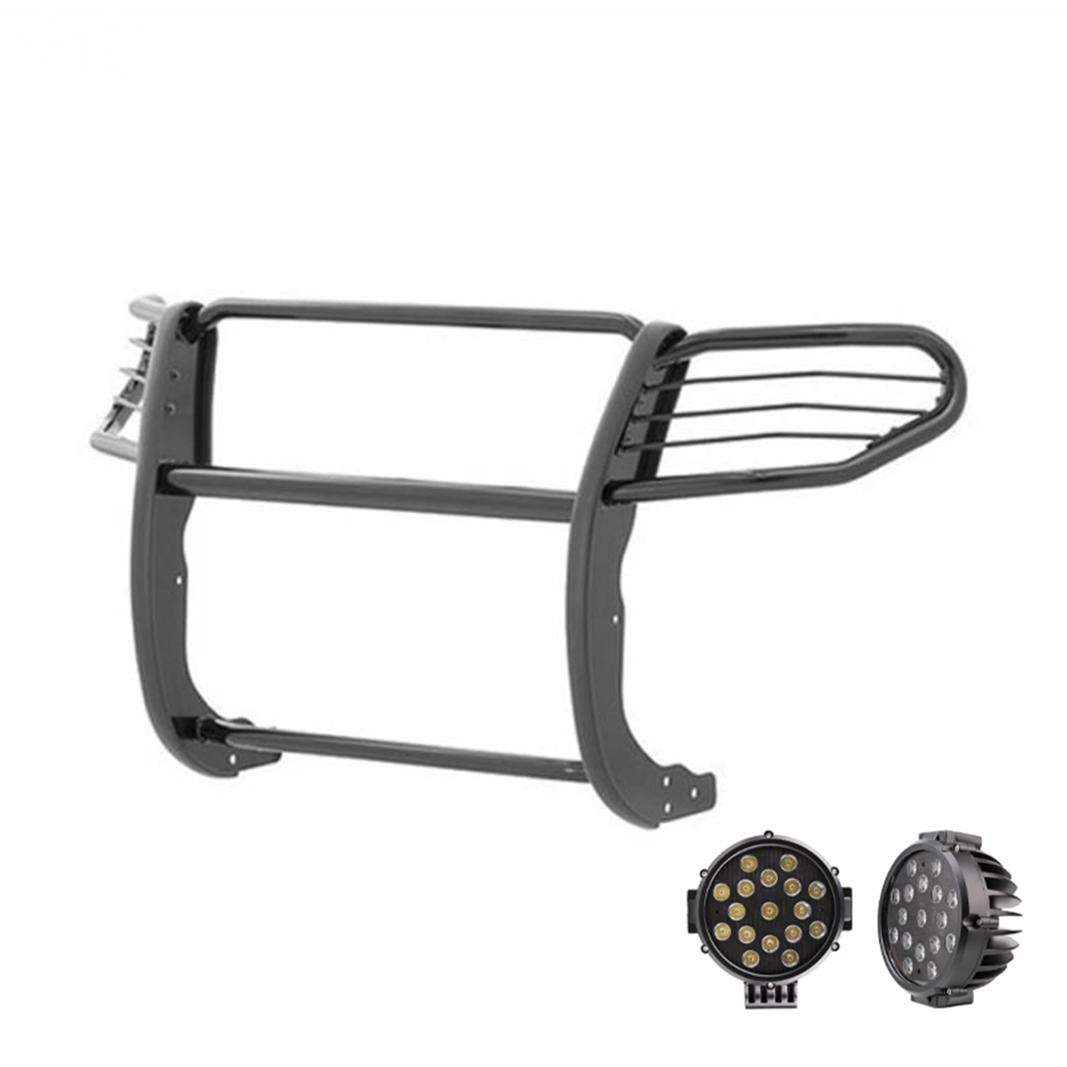 Grille Brush Black Horse Bumper Guard Modular Semi-Gloss Black Come with Pair of 7.0" Dia.LED Lights with Black Trim Rings Compatible with 2007-2014 Ford Expedition-17FP31MA-PLB