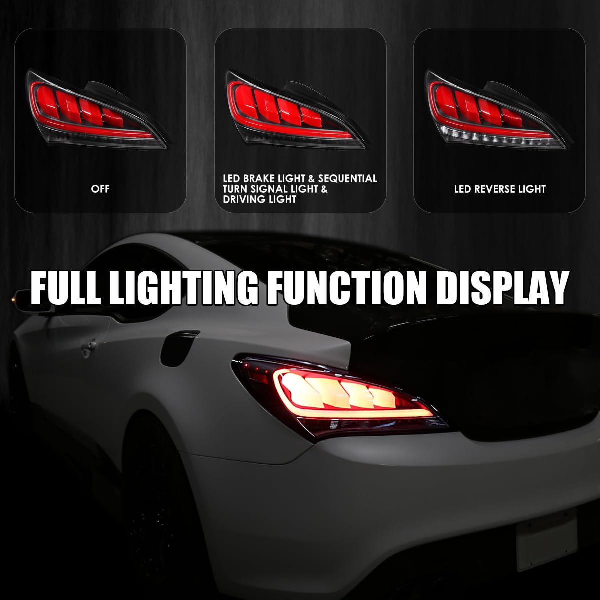 Black Tail Lights w/Red LED Sequential Turn Signal SPEC-D TUNING Compatible with 2010-2016 Hyundai Genesis 2Dr Coupe, Left + Right Pair Assembly