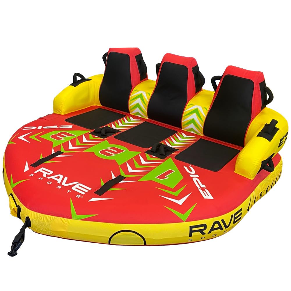RAVE Sports Epic Tube Towable, 1-3 Riders, Dual Tow Points, Stable Couch-Style Seats with Backrest, Durable Nylon Cover, Neoprene Padding, Foam-Filled Reinforced Handles, Boat Towables-Tubes