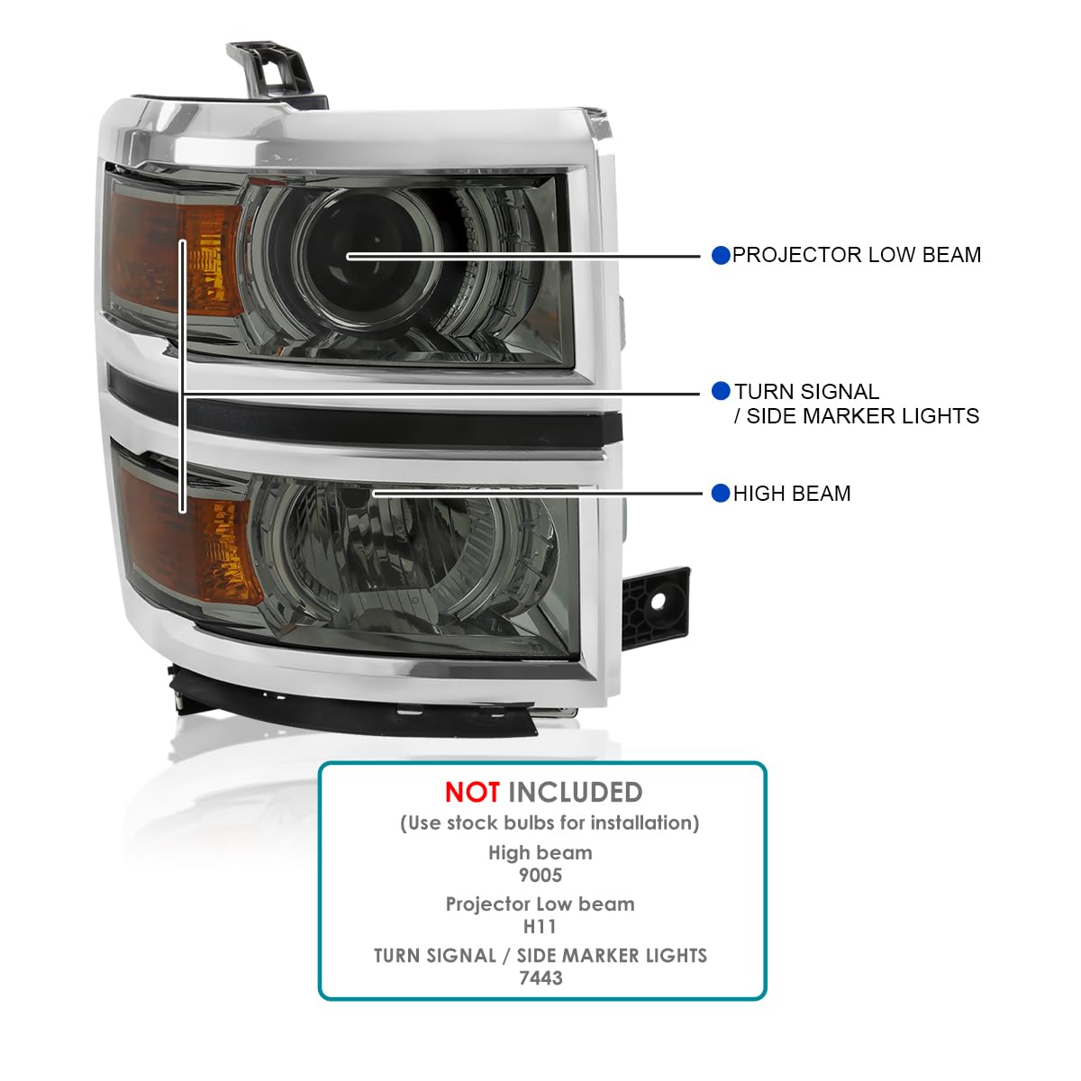 Light Smoke Spec-D Tuning Projector Headlights w/Silver Trim Compatible with 2014-2015 Chevy Silverado 1500, Left + Right Pair Headlamps Assembly