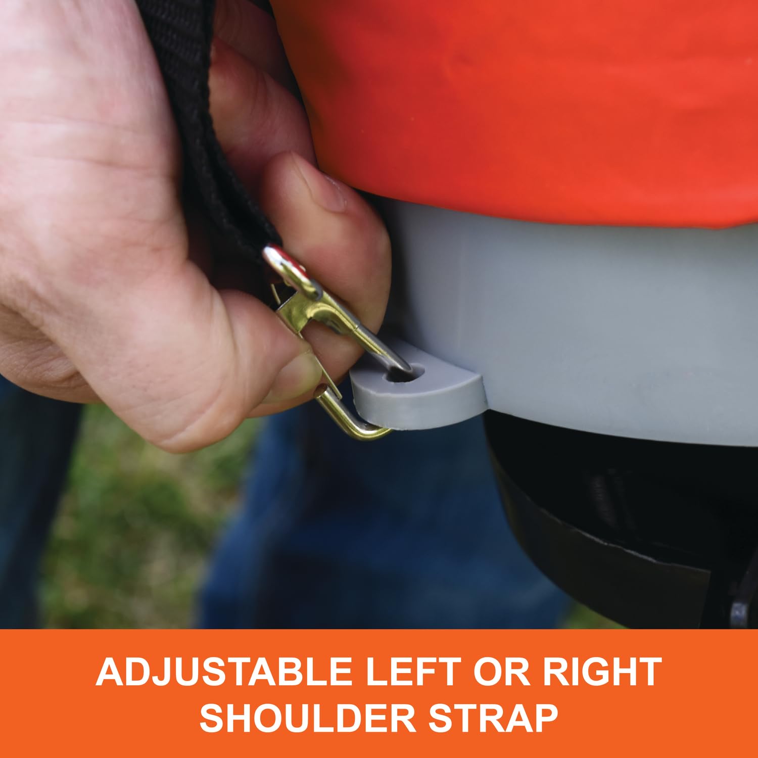 25 lb. Agri-Fab Handheld Bag Seeder Spreader with Waterproof Bag, Enclosed Gears, Adjustable Shoulder Strap, Rear Baffle, Orange