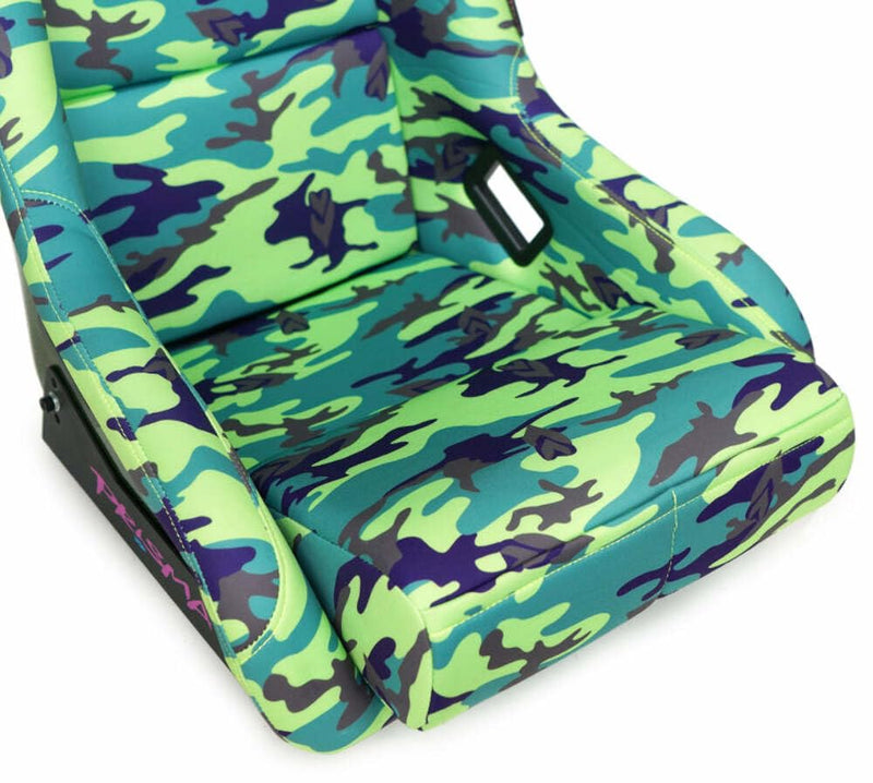 NRG Innovations Prisma NRG-FRP-302-GIJ Fixed Back Bucket Seat wBottom Mount,Green Camo Print Fabric/Green Sparkle Back