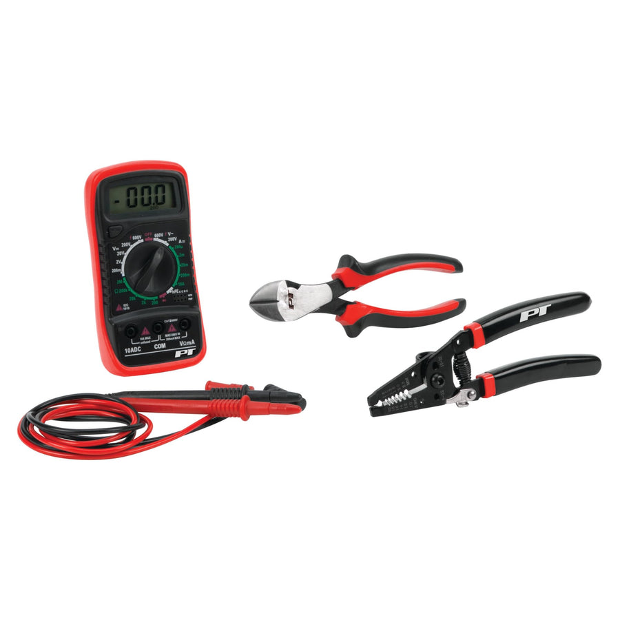 W1714 Performance Tool 3 Piece Electrician Tool Set (Diagonal Wire Cutters, Wire Strippers/Cutters & Digital Multi-meter)