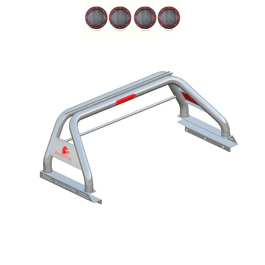 Classic Black Horse Roll Bar Incl. Set of 5.3" Dia.Led Lights w/Red Trim Rings Stainless Steel Compatible with 2020-2024 Jeep Gladiator-RB09SS-PLFR