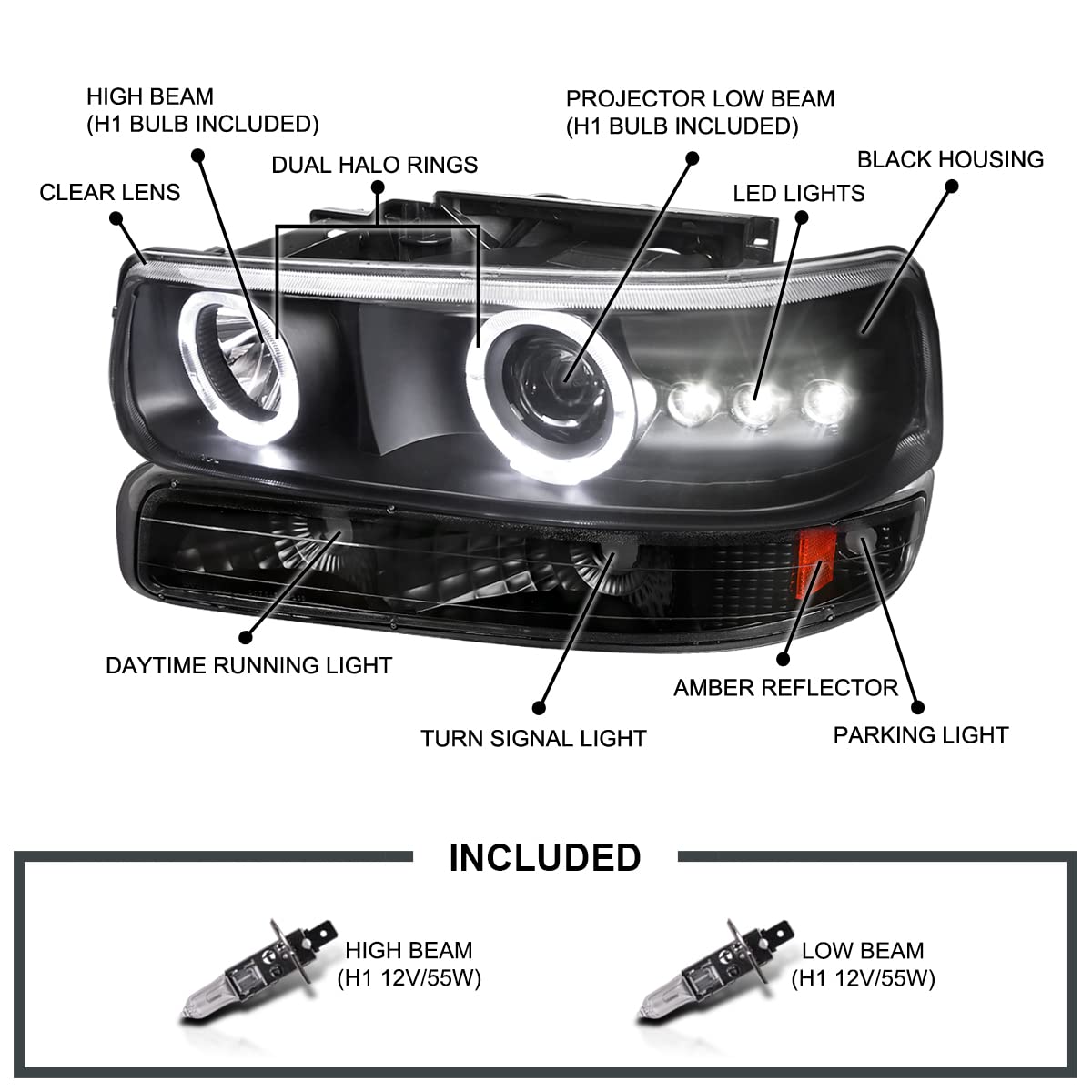 Black LED Halo Projector Headlights + Bumper Lights SPEC-D TUNING Compatible with 1999-2002 Chevy Silverado 2000-2006 Tahoe, Left + Right Pair Headlamps Assembly