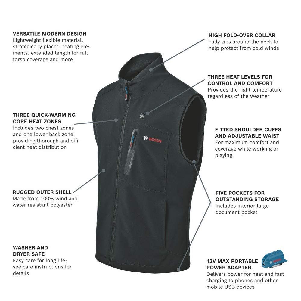 Bosch 12V Max GHV12V-20XXLN12 Heated Vest Kit with Portable Power Adapter - Size 2X Large