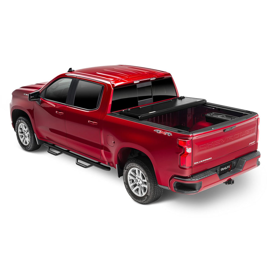 TrailFX Hard Tri-Fold Tonneau Cover Truck Bed Fits 2023-2025 Chevrolet Colorado 5 Foot Bed Gloss Black Aluminum Low Profile Lockable 3-Panel Folding Design TrailFX TFX8008 HF3