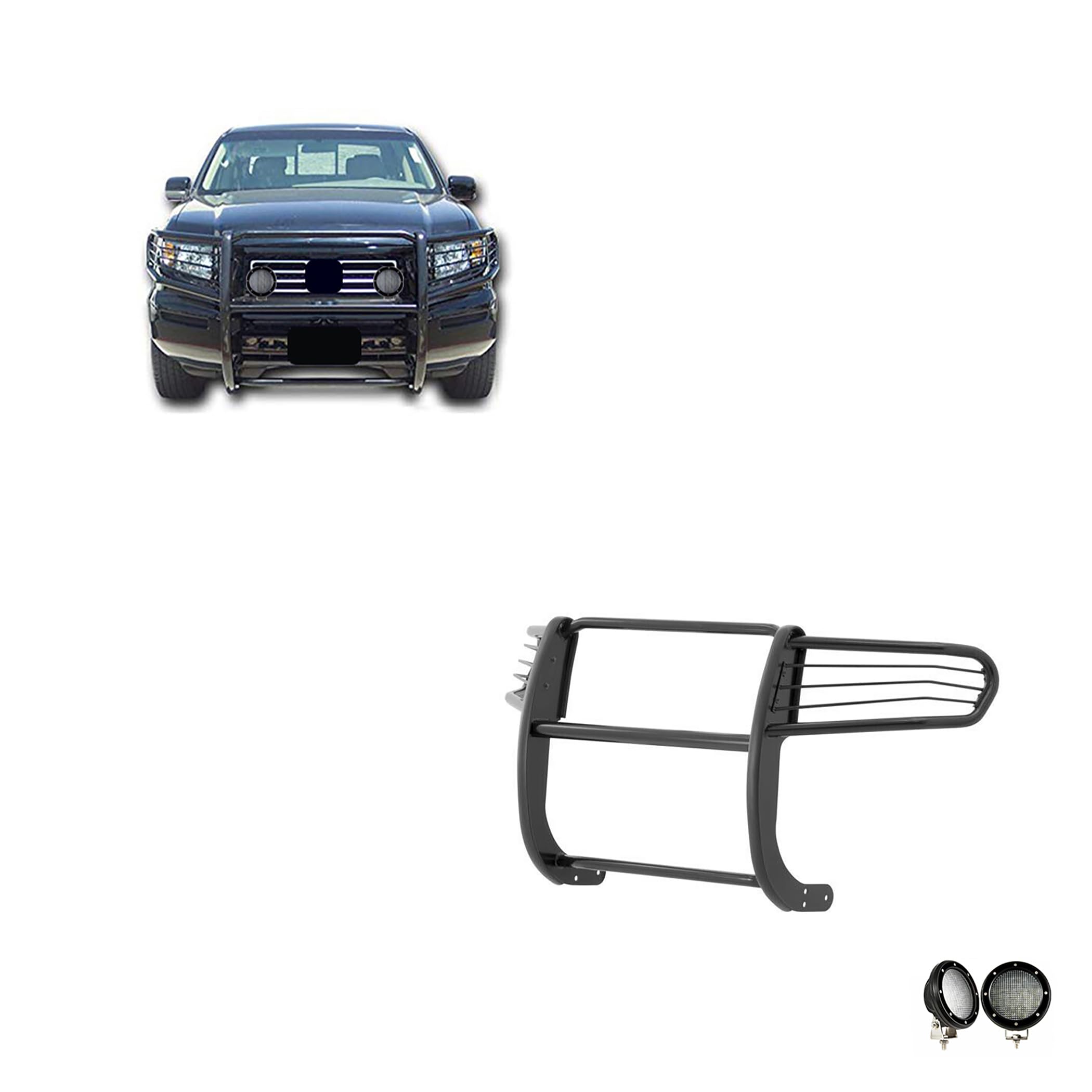 Grille Brush Black Horse Bumper Guard Modular Come with Pair of 5.3" Dia.LED Lights with Black Trim Rings Compatible with 2006-2014 Honda Ridgeline-17A152500A1MA-PLFB