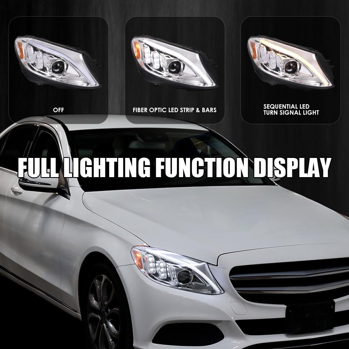 Chrome Sequential Signal Tube Full LED Projector Headlights SPEC-D TUNING Compatible with 2015-2018 Mercedes Benz W205 C-Class Left + Right Pair Headlamps Assembly