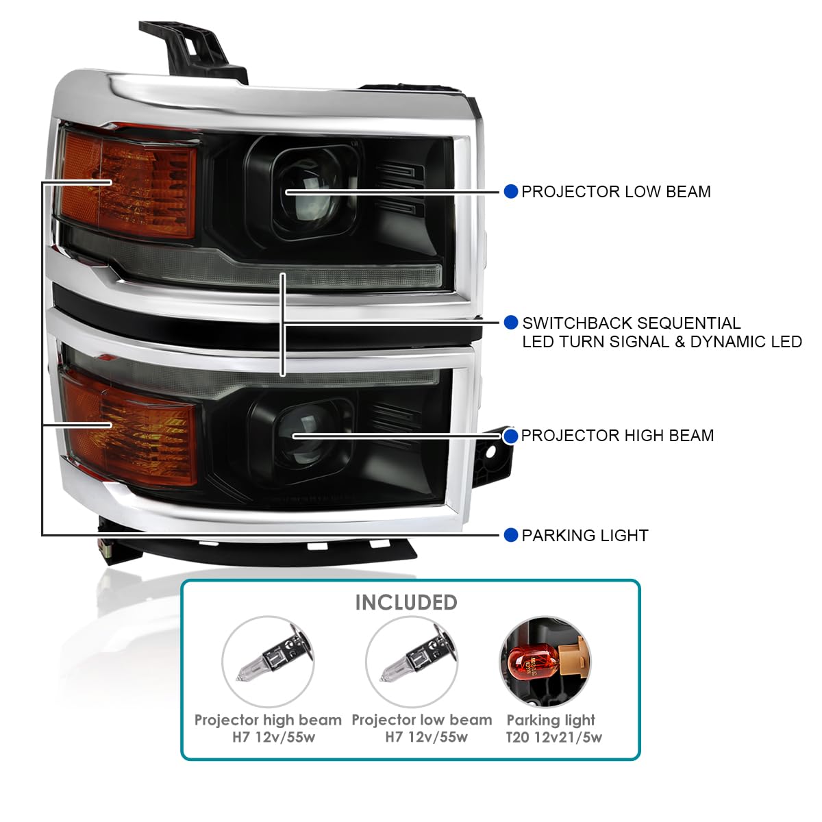 Black Smoke SPEC-D TUNING w/Silver Trim Projector Headlights w/Sequential Switchback LED Strip and Startup Animation Compatible with 2014-2015 Chevy Silverado 1500, Left + Right Pair Headlamps