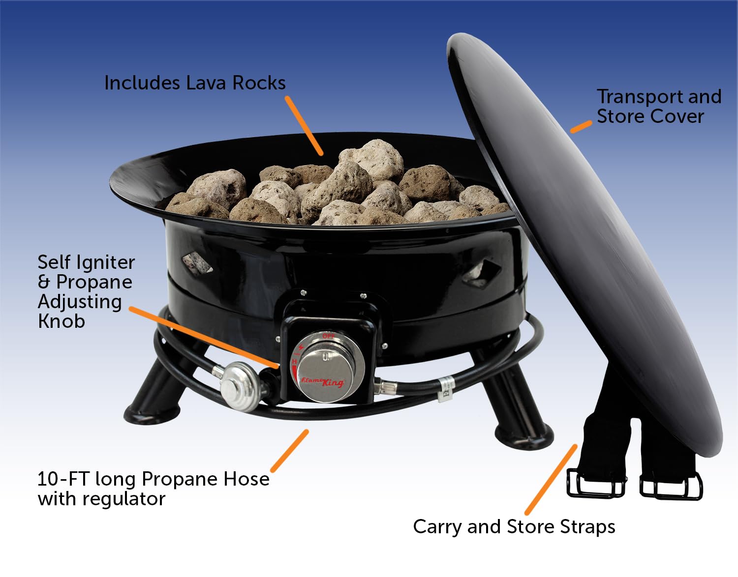 Flame King Propane Smokeless Fire Pit, 24-inch Portable Firebowl, 58K BTU with Self Igniter, Cover, & Carry Straps for RV, Camping, & Outdoor Living
