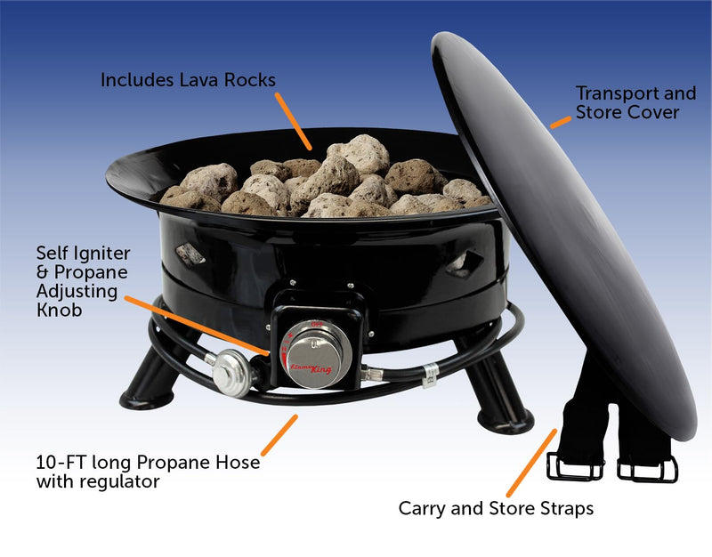 Flame King Propane Smokeless Fire Pit, 24-inch Portable Firebowl, 58K BTU with Self Igniter, Cover, & Carry Straps for RV, Camping, & Outdoor Living