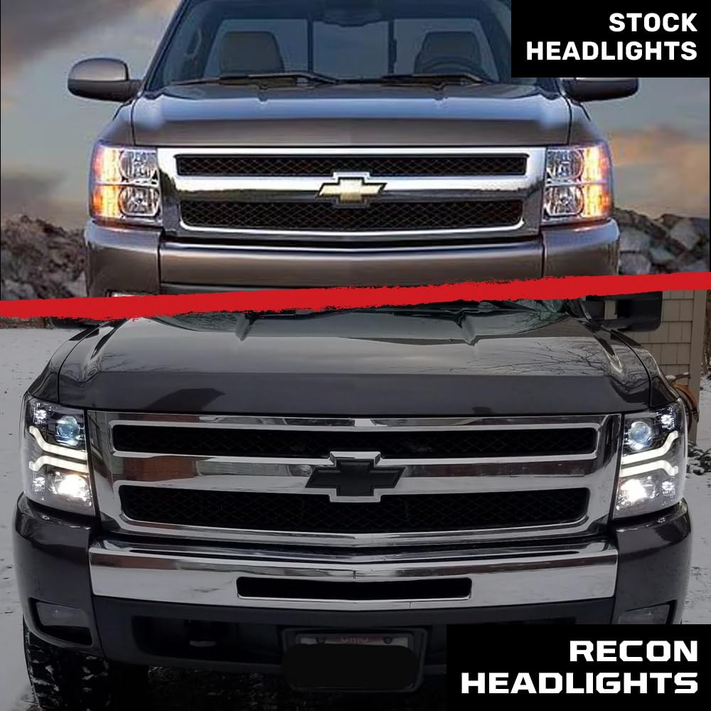 Fits Chevy 2007-2013 Silverado 1500/2500/3500 RECON Projector Headlights OLED Halos & DRL - Smoked Lens (SMOKED)