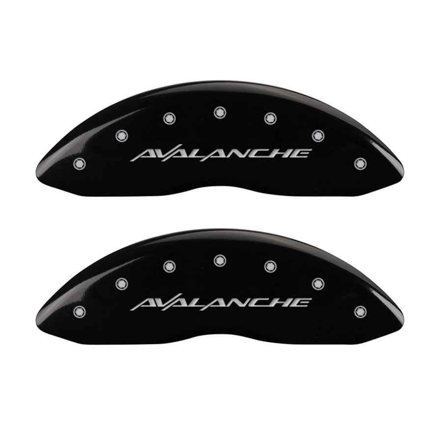 MGP Caliper Covers 'Avalanche' 14048SAVLBK Engraved Caliper Cover with Black Powder Coat Finish and Silver Characters, (Set of 4)