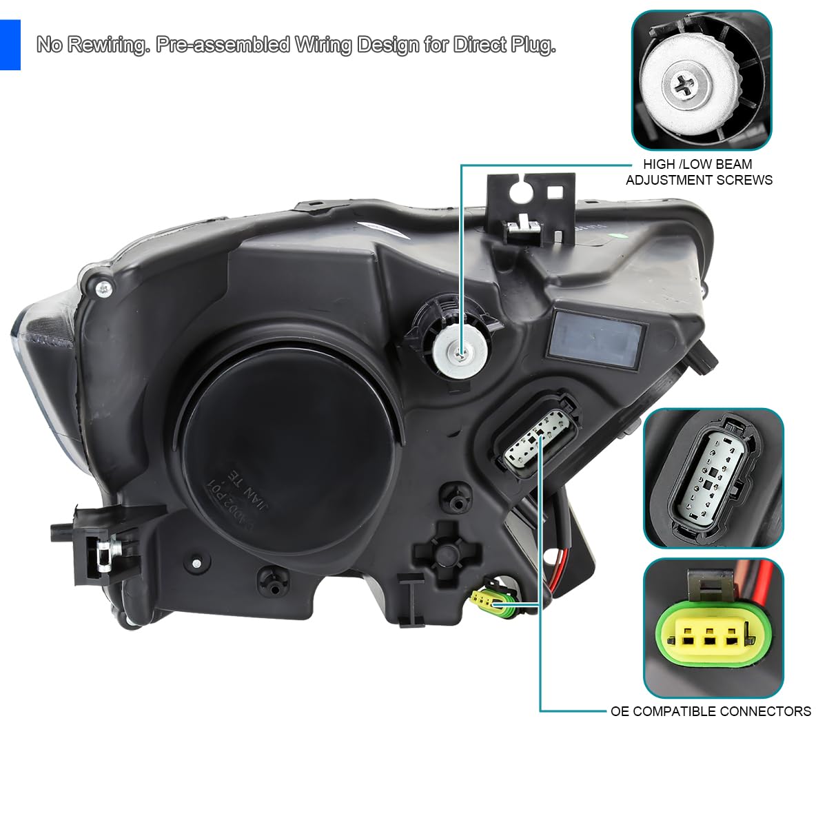 Black Smoke SPEC-D TUNING OE Style Projector Headlights w/LED Bar Compatible with 2015-2017 Ford Mustang, Left + Right Pair Headlamps Assembly