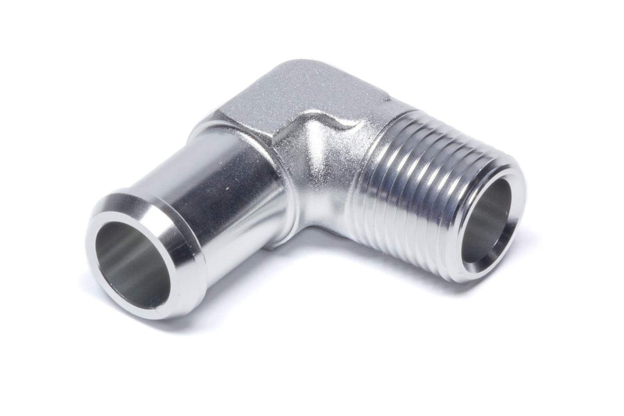 Edelbrock Heater Hose Fitting 90 Degree 1/2 in. NPT and 3/4 in. Barb Clear Anodized 8166