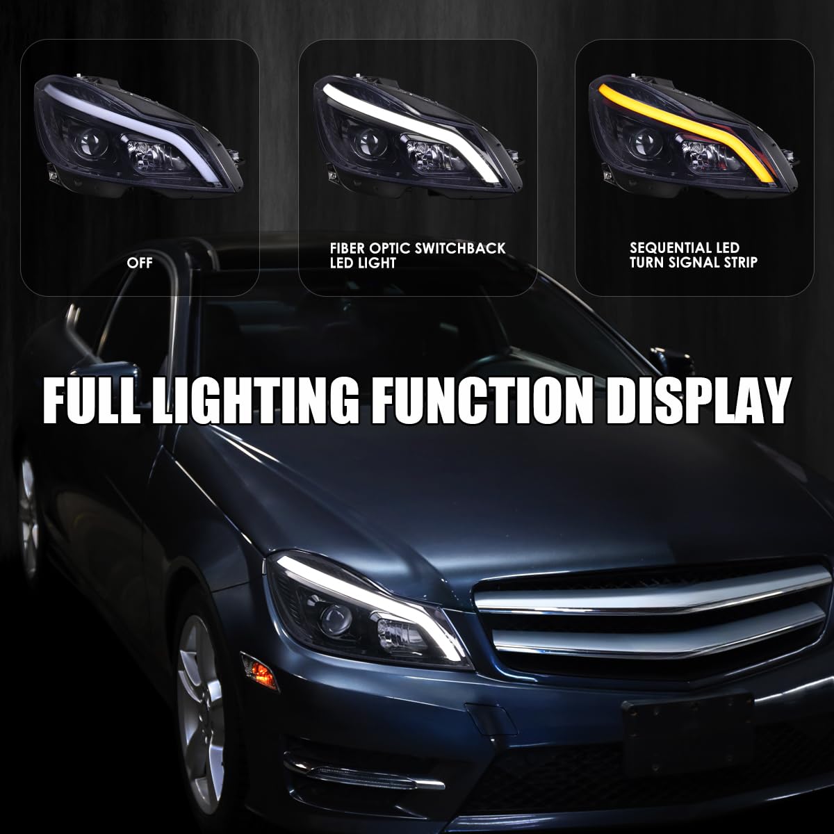 Black Smoke SPEC-D TUNING Switchback Sequential LED Tube Projector Headlights Compatible with 2012-2014 Mercedes-Benz W204 C-Class C250 C300 C350 C63, Left + Right Pair Headlamps Assembly