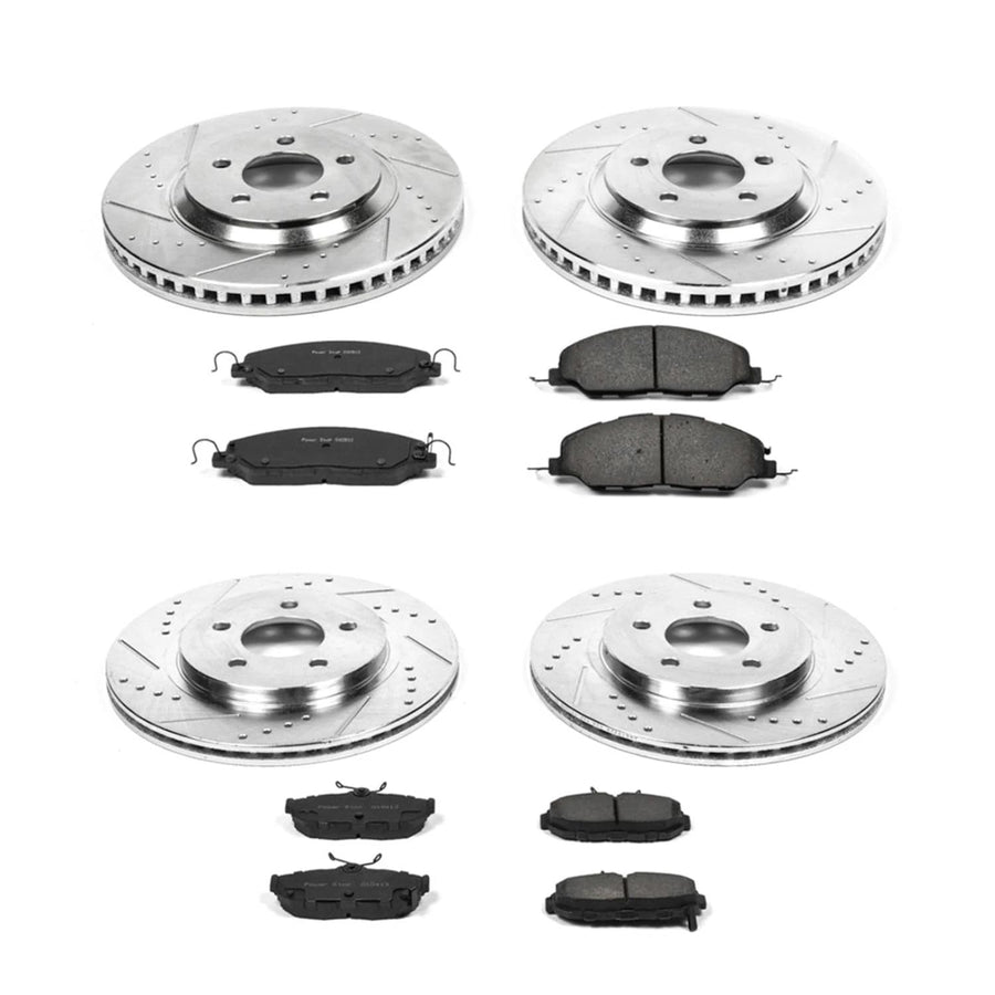 Power Stop K5450 Z23 Carbon Fiber Brake Pads Front and Rear with Drilled & Slotted Brake Rotors Kit For Ford Mustang 2011-2014 [Model Specific]