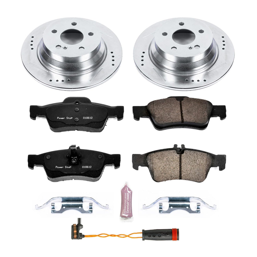 Power Stop K5320 Brake Pads Rear Z23 Carbon Fiber with Drilled & Slotted Brake Rotors Kit and 2 Rear Sensor Wires