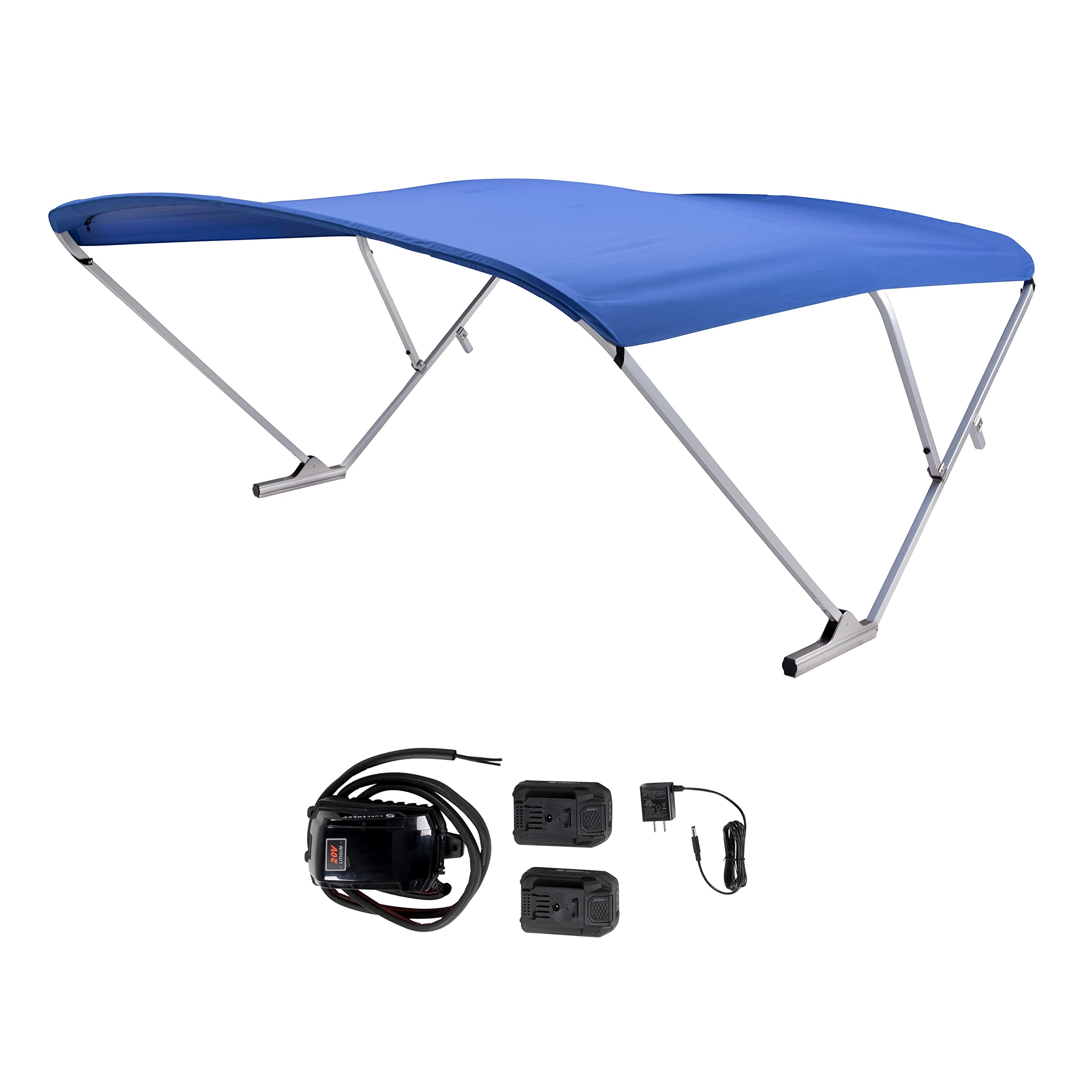 SureShade Electric Bimini Power Shade System for Pontoon Boats with Manual or No Biminis, 92-102" Wide, 20V Powered, Fade-Resistant Fabric, Clear Anodized Frame, Pacific Blue - 2021133096