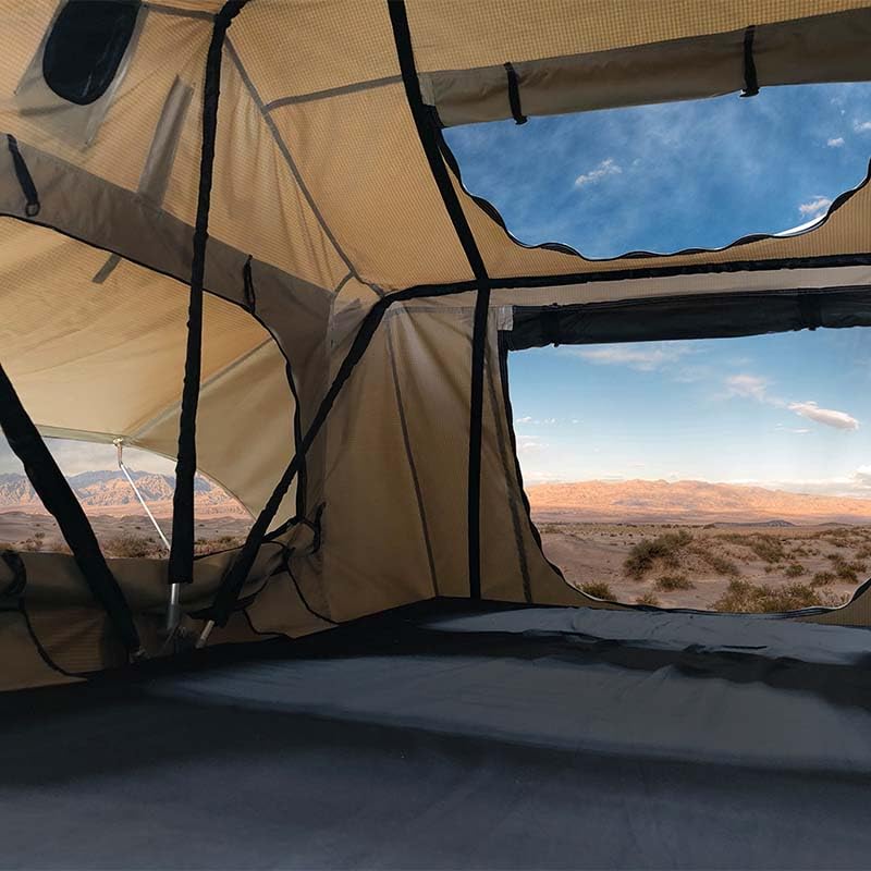 LD TMBK - Overland Vehicle Systems - Soft Sided Roof Top Tent, 2 Person, Tan Body & Green Rainfly