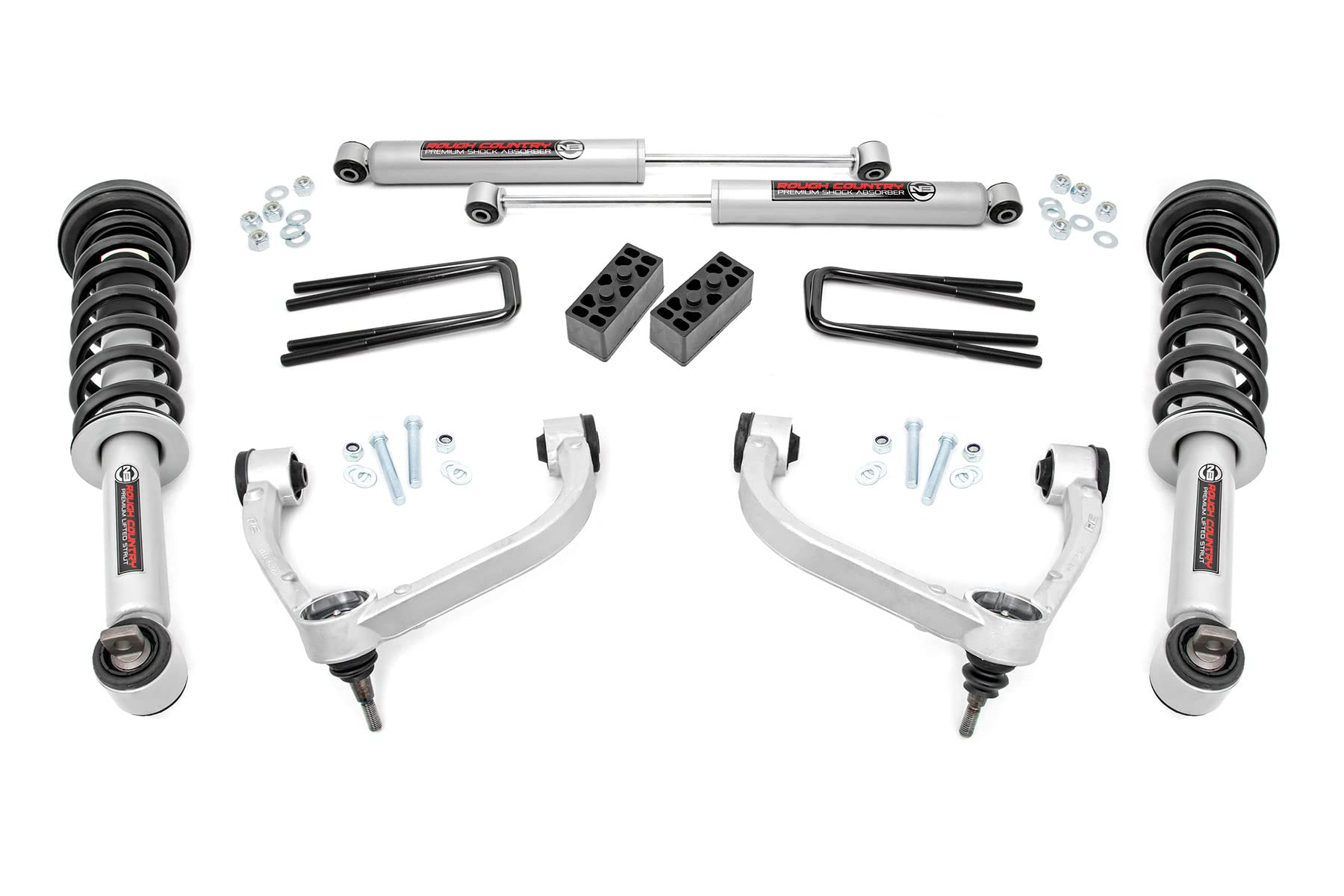 3" Rough Country Suspension Lift Kit with N3 Lifted Struts & N3 Rear Shocks for Ford F-150 4WD (2014-2020) - Silver Control Arms