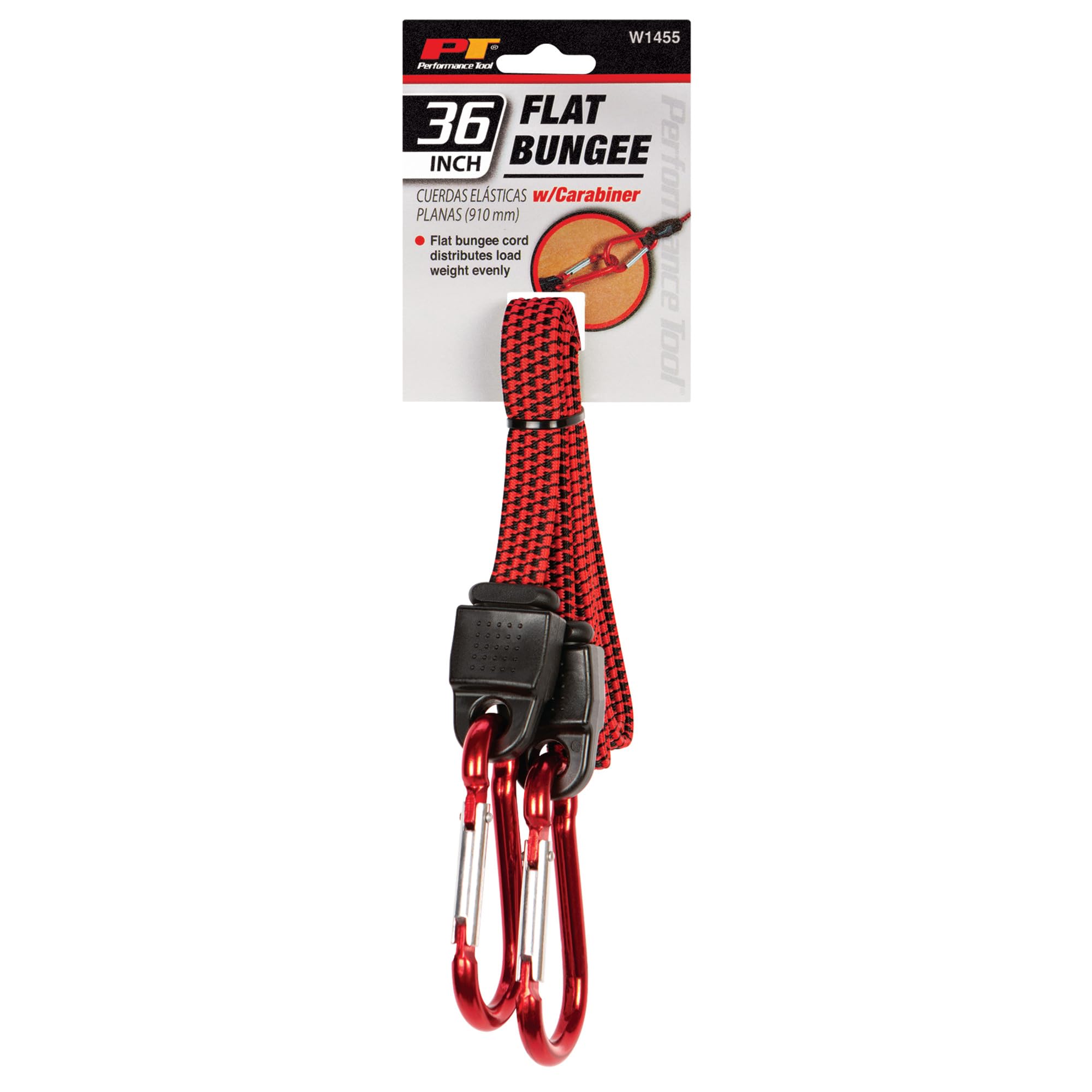 W1455 Performance Tool 36-Inch Flat Bungee with Carabiner - Heavy Duty, Durable, and Versatile Bungee Cord for Secure Tie-Downs and Cargo Transport