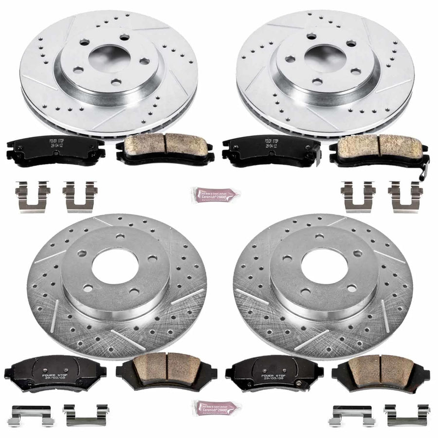 Power Stop K4379 Z23 Carbon Fiber Brake Pads Front and Rear with Drilled & Slotted Brake Rotors Kit