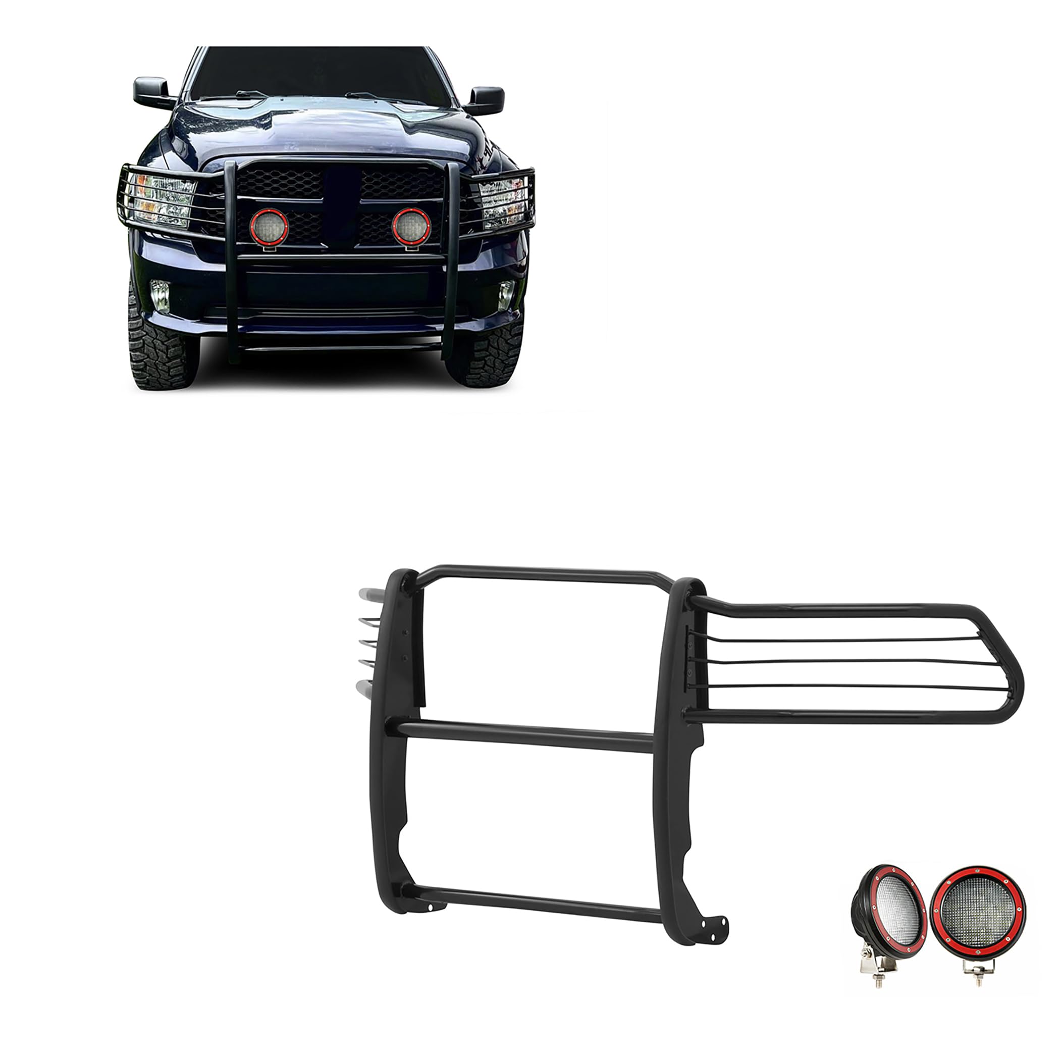 Grille Brush Black Horse Bumper Guard Modular Come with Pair of 5.3" Dia.LED Lights with Red Trim Rings Compatible with 2009-2018 Dodge Ram 1500|2019-2024 Ram 1500 Classic-17DG109MA-PLFR