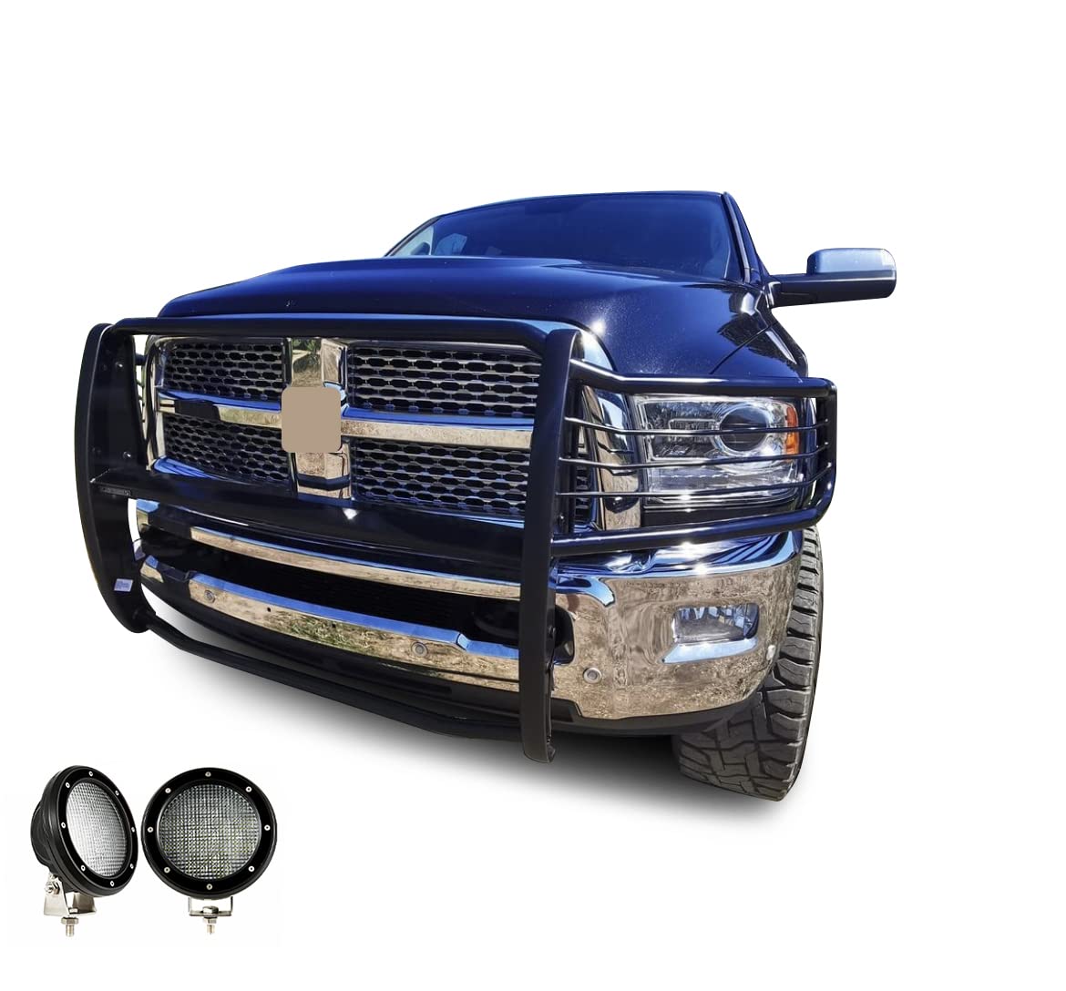 Bumper Guard Modular Black Horse Grille brush Come with Pair of 5.3" Dia.LED Lights with Black Trim Rings Compatible with 2010-2018 Ram 2500|2011-2018 Ram 3500-17DR01MA-PLFB