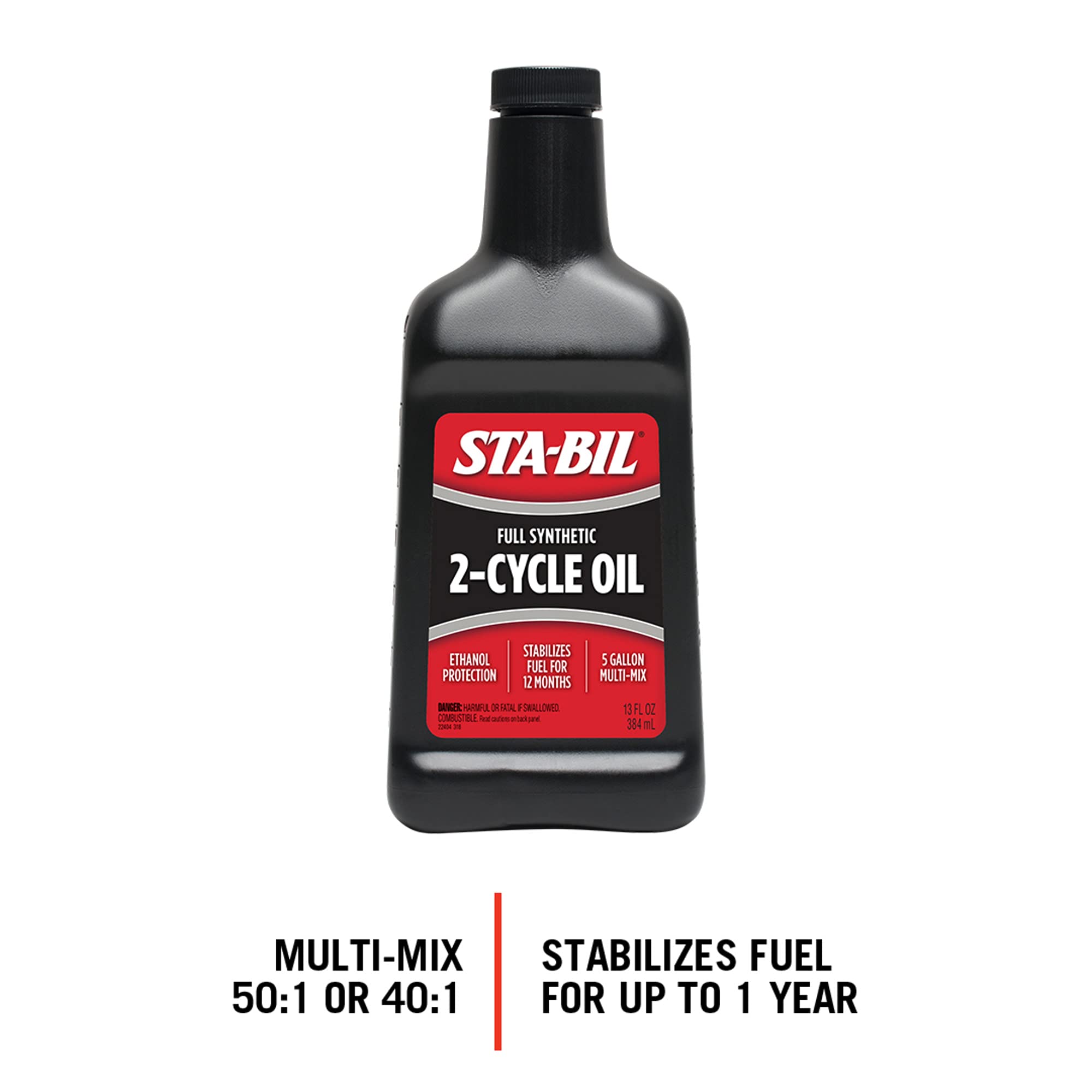 Full Synthetic STA-BIL 2-Cycle Oil - With Fuel Stabilizer For Up To 12 Months Protection - 5 Gallon Multi-Mix - 50:1/40:1 Mix Ratios - Low Smoke Formula, 13 fl. oz. (22404)