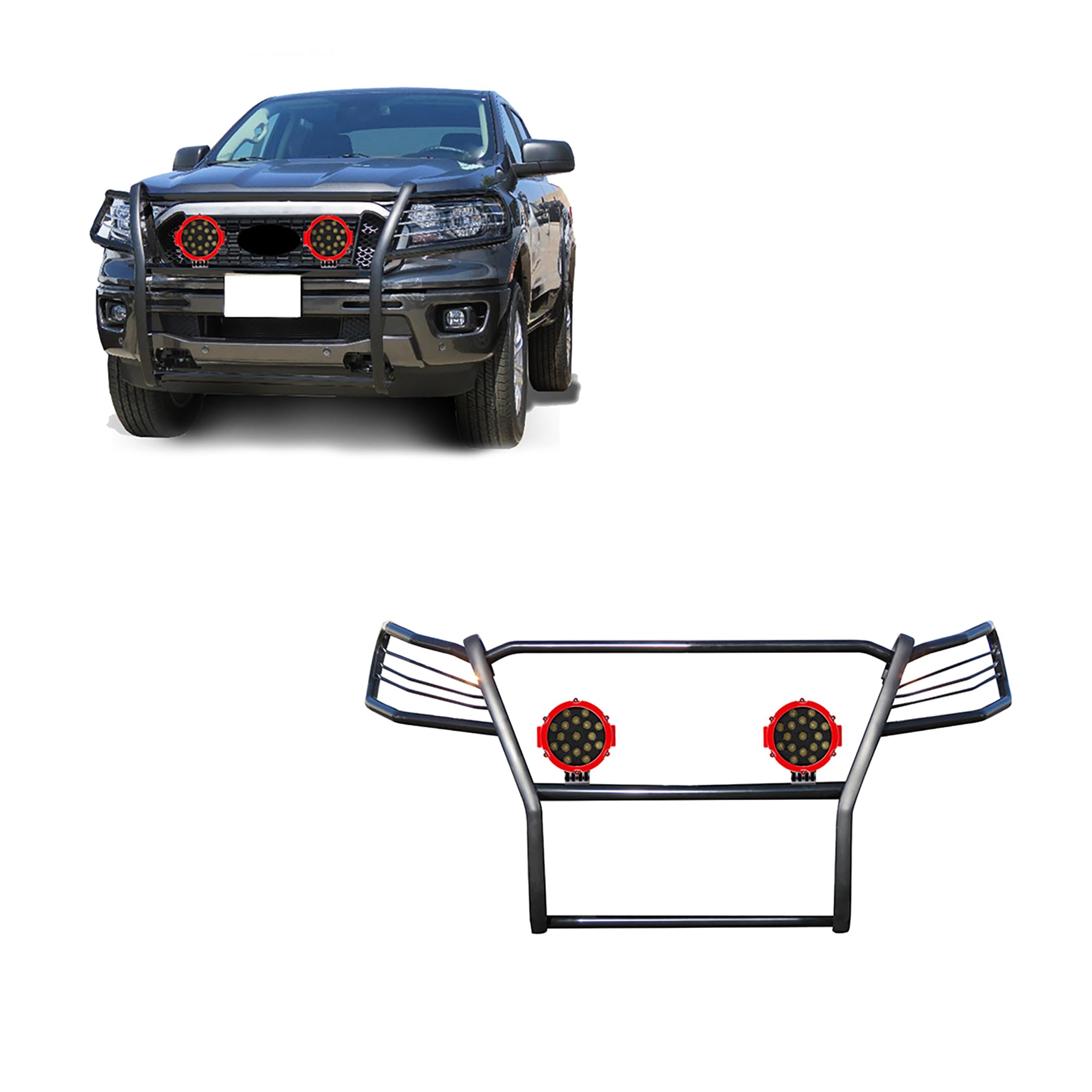 Bumper Guard Modular Black Black Horse Grille brush Come With pair of 7.0"Dia.LED Lights with Red Trim Rings Compatible with 2019-2023 Ford Ranger-17FP10MA-PLR