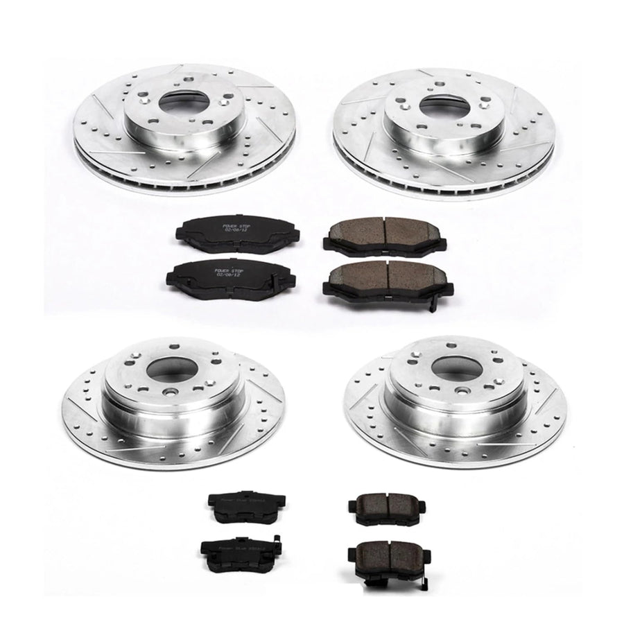 Power Stop K5389 Z23 Carbon Fiber Brake Pads Front and Rear with Drilled & Slotted Brake Rotors Kit For Honda Element 2003-2011 [Model Specific]