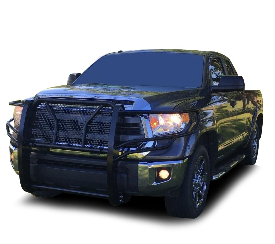 Heavy Duty Black Horse Rugged Grille Brush Bumper Guard Modular Black Come with Pair of 5.3" Dia.LED Lights with Red Trim Rings Compatible with 2007-2020 Tundra|2008-2022 Sequoia-RU-TOTU07-B-PLFR