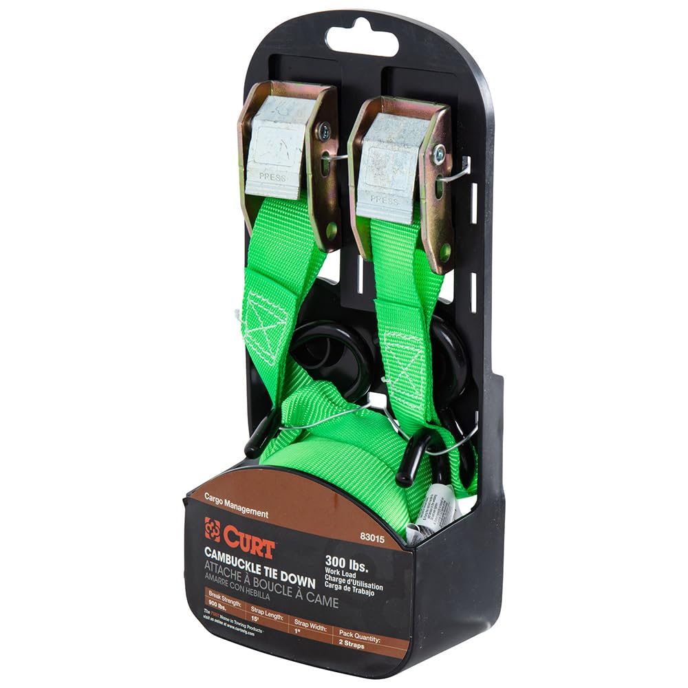 Cambuckle Manufacturing CURT Tie Down Cargo Straps Green 1inx15ft 2 Pack