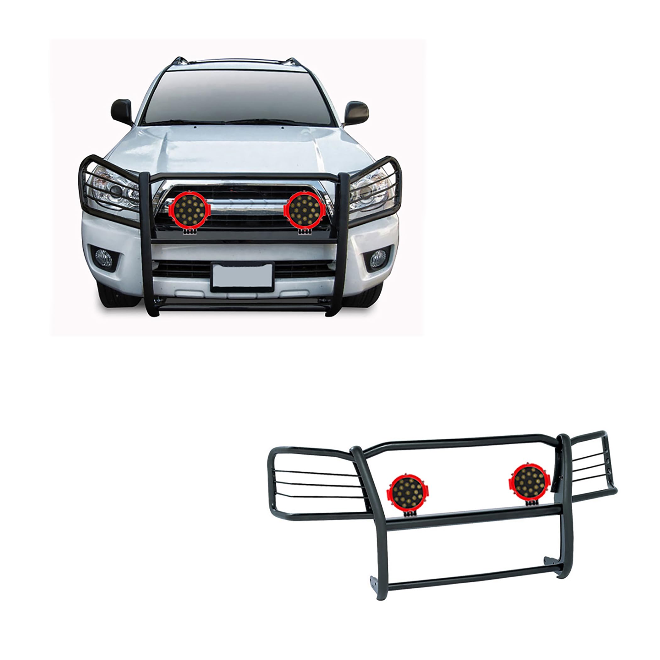 Bumper Guard Modular Black Black Horse Grille brush Come With pair of 7.0"Dia.LED Lights with Red Trim Rings Compatible with 2003-2009 Lexus GX470|2003-2009 Toyota 4Runner-17TU26MA-PLR
