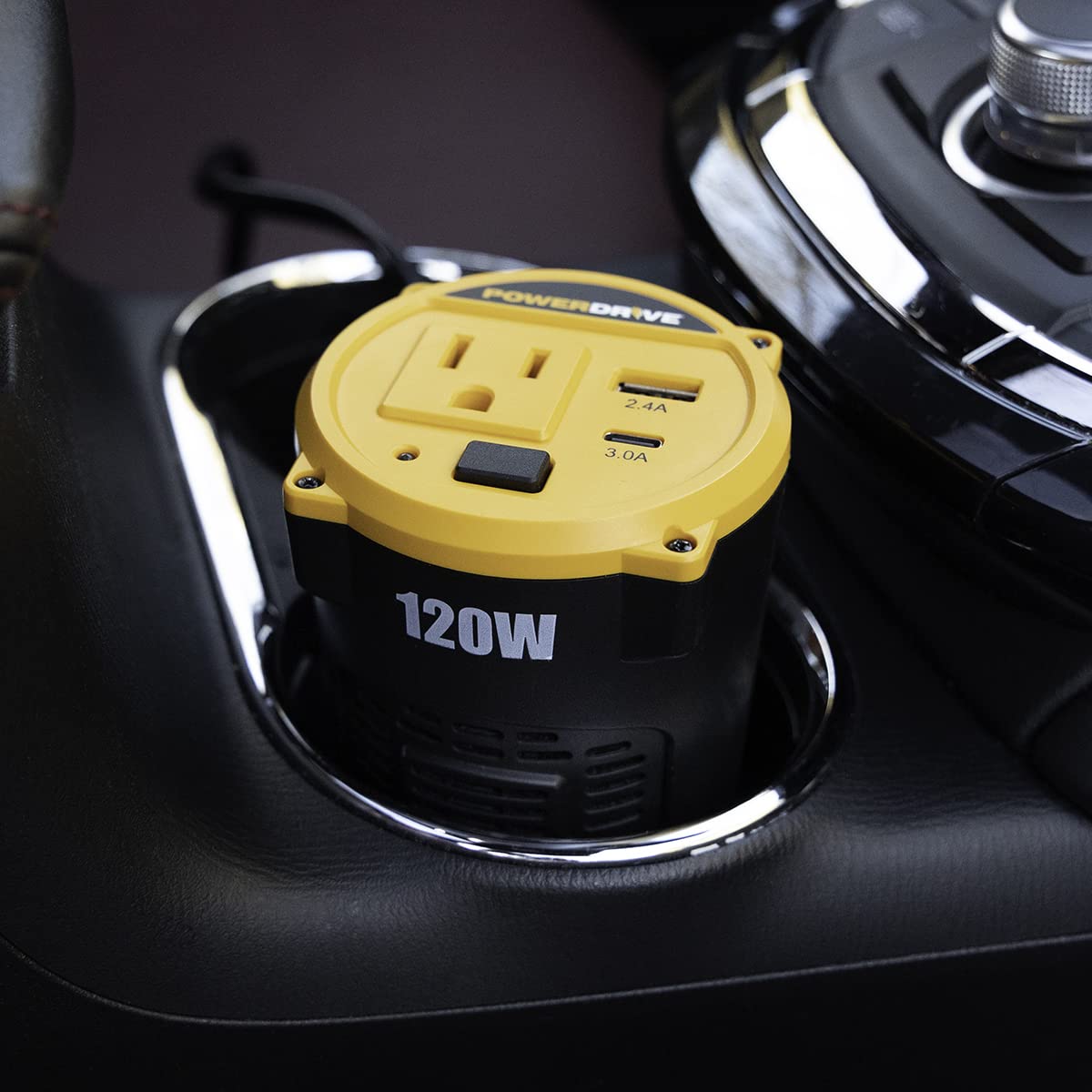 PowerDrive 120 Watt PWD120C Inverter for Cup Holders 12-Volt DC to 110v AC with Outlet and 2 Ports