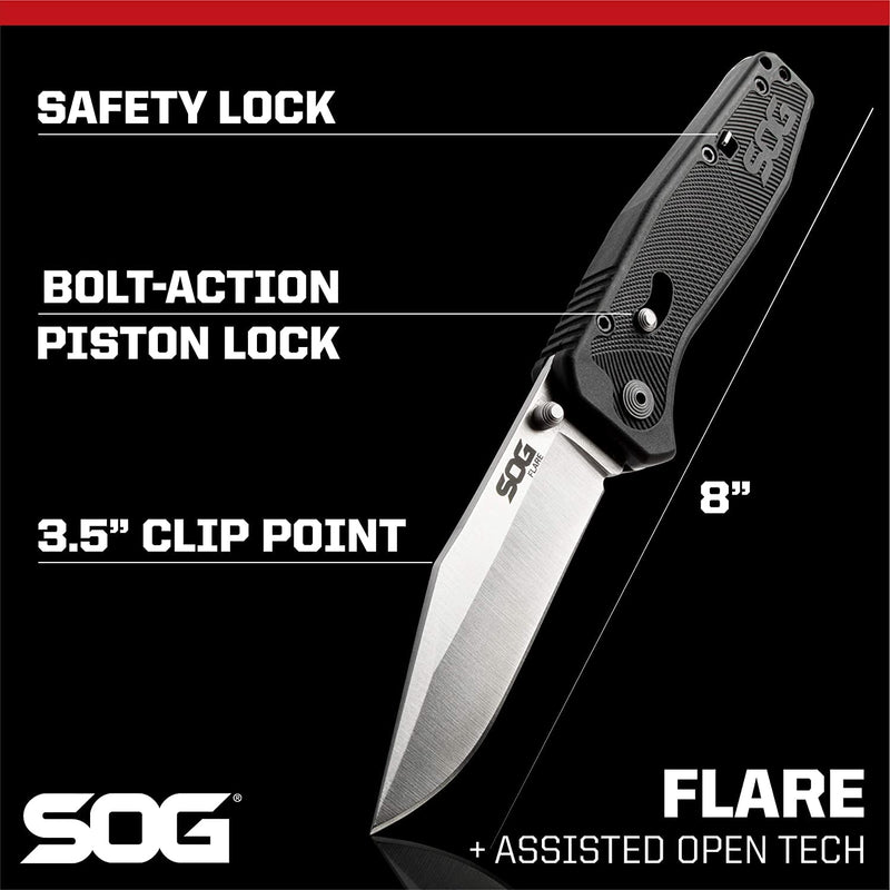 SOG Flare Knife Folding and Pocket Assisted Opening Tech w/ 3.5 Inch Stainless Straight Edge Blade & Tactical GRN Grip Knife (FLA1001-CP), Black