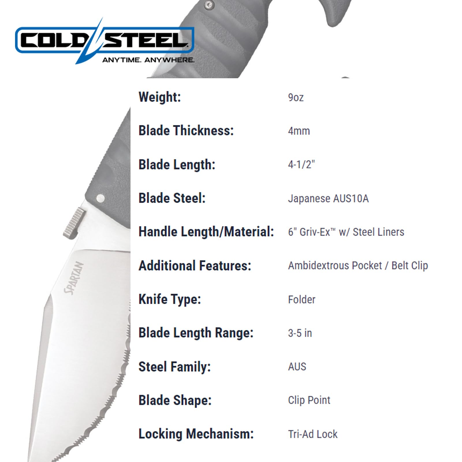 COLD STEEL 4.5 in Spartan Japanese AUS10A Serrated Blade Tactical Pocket Folding Knife w/Tri-Ad Lock and Griv-Ex Handle w/Steel Liners