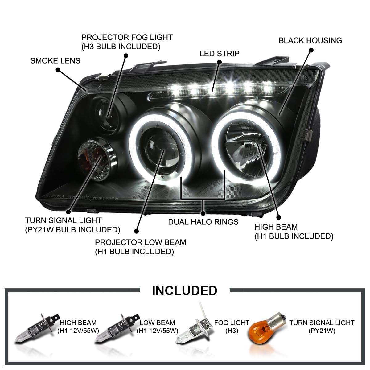 Glossy Black SPEC-D TUNING R8 Style Projector Headlights w/Fog Lamps Compatible with 1999-2005 VW Jetta/Bora Mk4, Left + Right Pair Headlamps Assembly