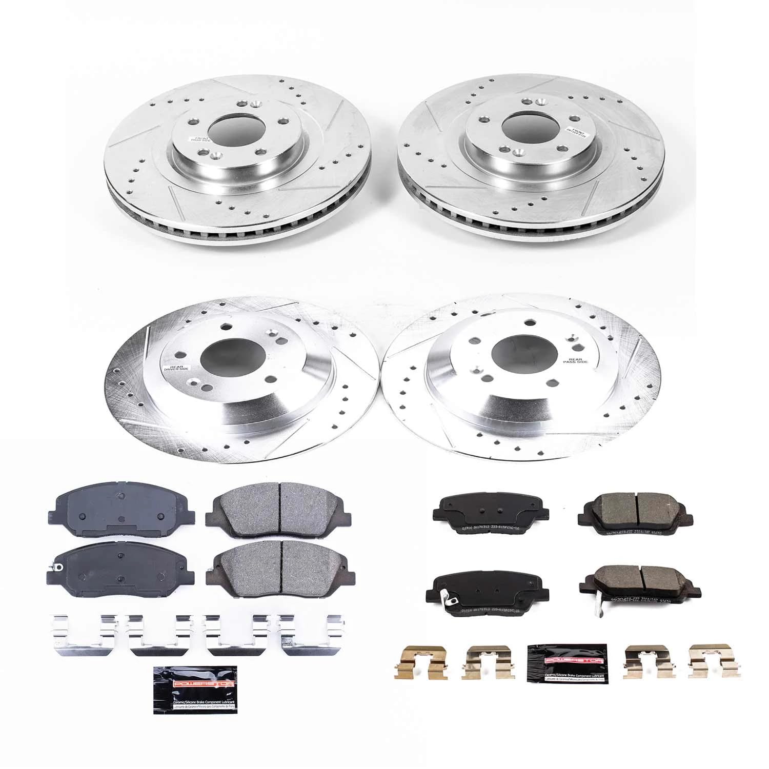 Power Stop K8281 Z23 Carbon Fiber Brake Pads Front and Rear with Drilled & Slotted Brake Rotors Kit For Hyundai Santa Fe XL 2019 [Model Specific]