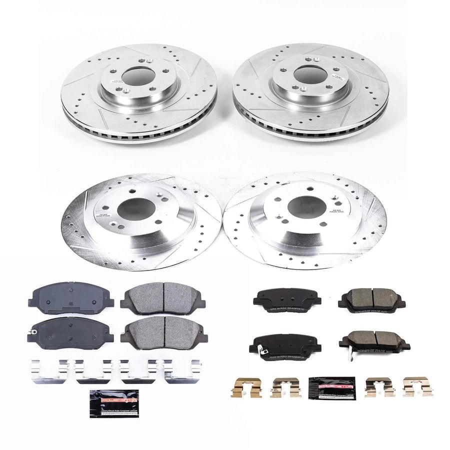 Power Stop K8281 Z23 Carbon Fiber Brake Pads Front and Rear with Drilled & Slotted Brake Rotors Kit For Hyundai Santa Fe XL 2019 [Model Specific]