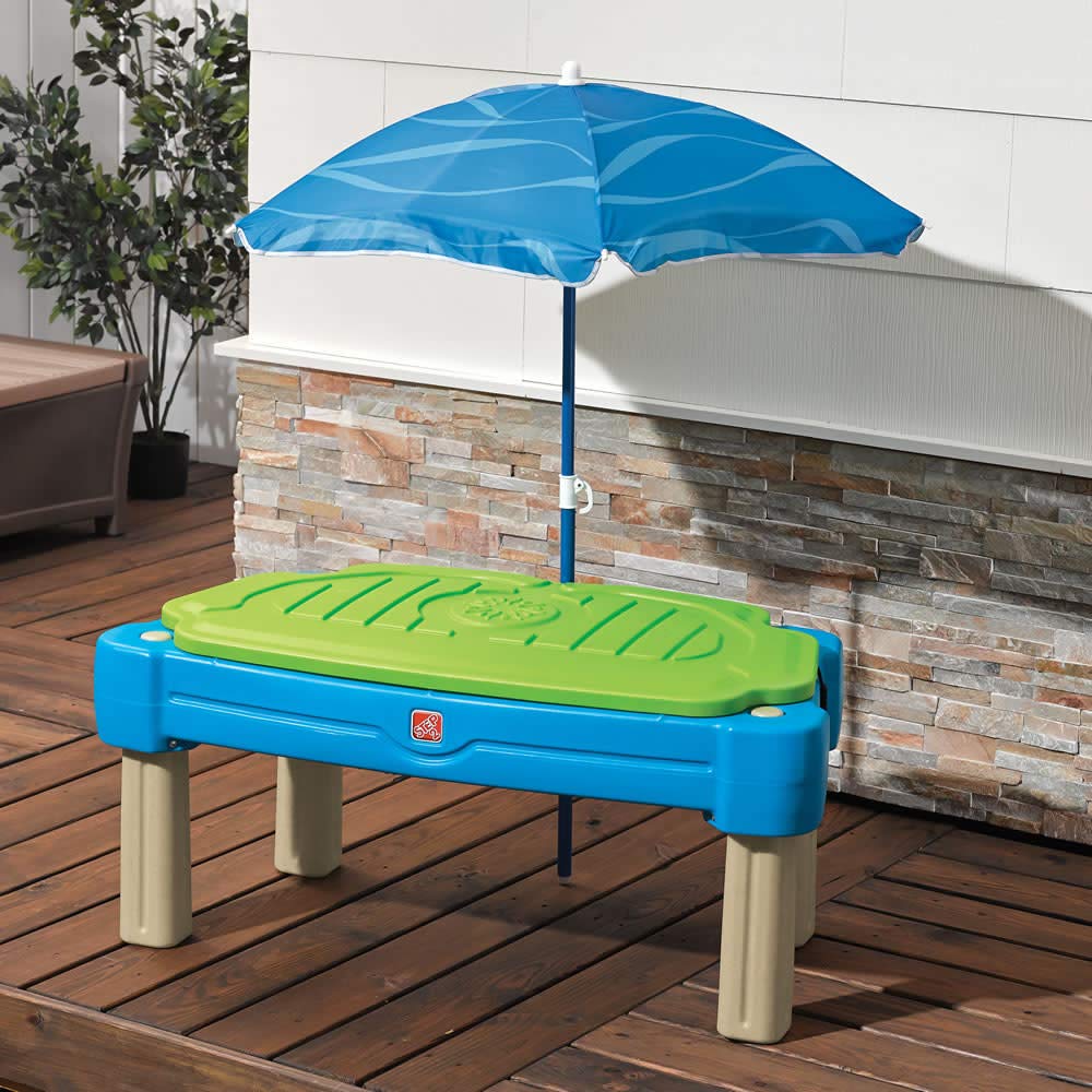 Step2 Sand and Water Table Cascading Cove, Kids Activity Sensory Playset, Comes with Umbrella, Summer Outdoor Toys, 7 Piece Toy Accessories, For Toddlers 1.5+ Years Old