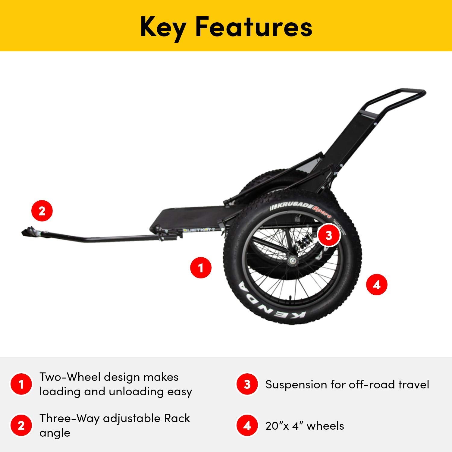 QuietKat Game Cart Two Wheel, FatTire Off Road Cargo Trailer for Extra Storage While Hunting, Fishing, Exploring Backcountry, Three-Way Adjustable Rack Angle (20" x 4" Wheels/Tires), Black