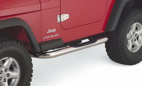 Step Bars RAMPAGE PRODUCTS for Jeep Wrangler YJ/TJ | Pair, 3" Round, No-Slip Step Pads, Bent Stainless Steel, Polished | 9425 | Fits 1987-1995 Jeep Wrangler YJ / 1997-2006 Jeep Wrangler TJ