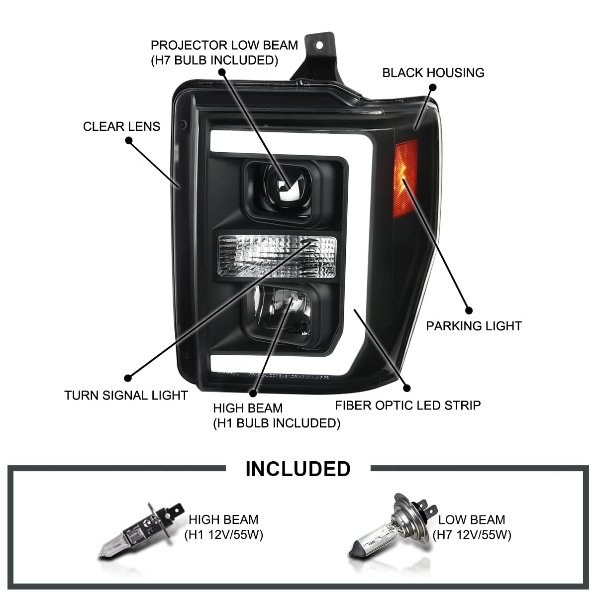 Black Projector Headlights w/LED Bar SPEC-D TUNING Compatible with 2008-2010 Ford F-250, F-350, F-450, F-550 Super Duty, Left + Right Pair Headlamps Assembly