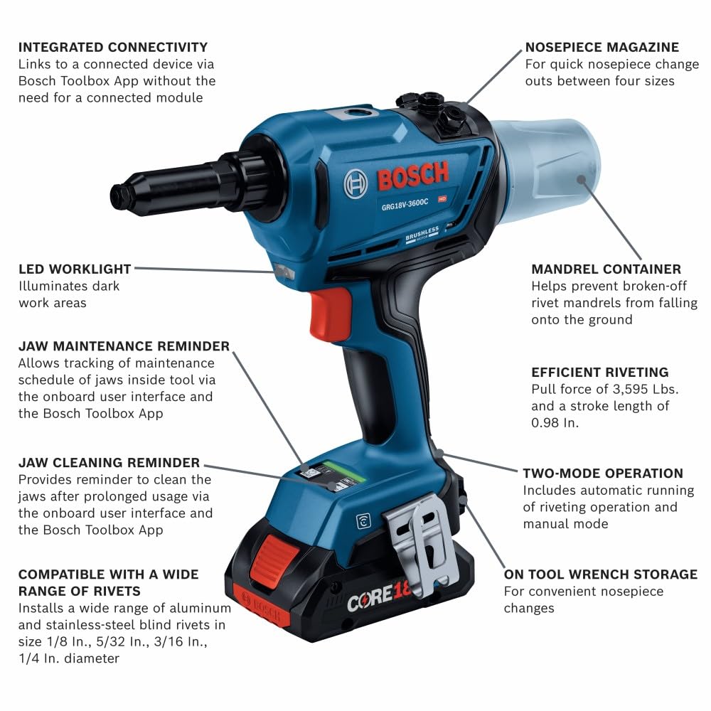 Bosch 18V GRG18V-3600CB24 Brushless Connected Rivet Tool Kit with (2) CORE18V® 4 Ah Advanced Power Batteries